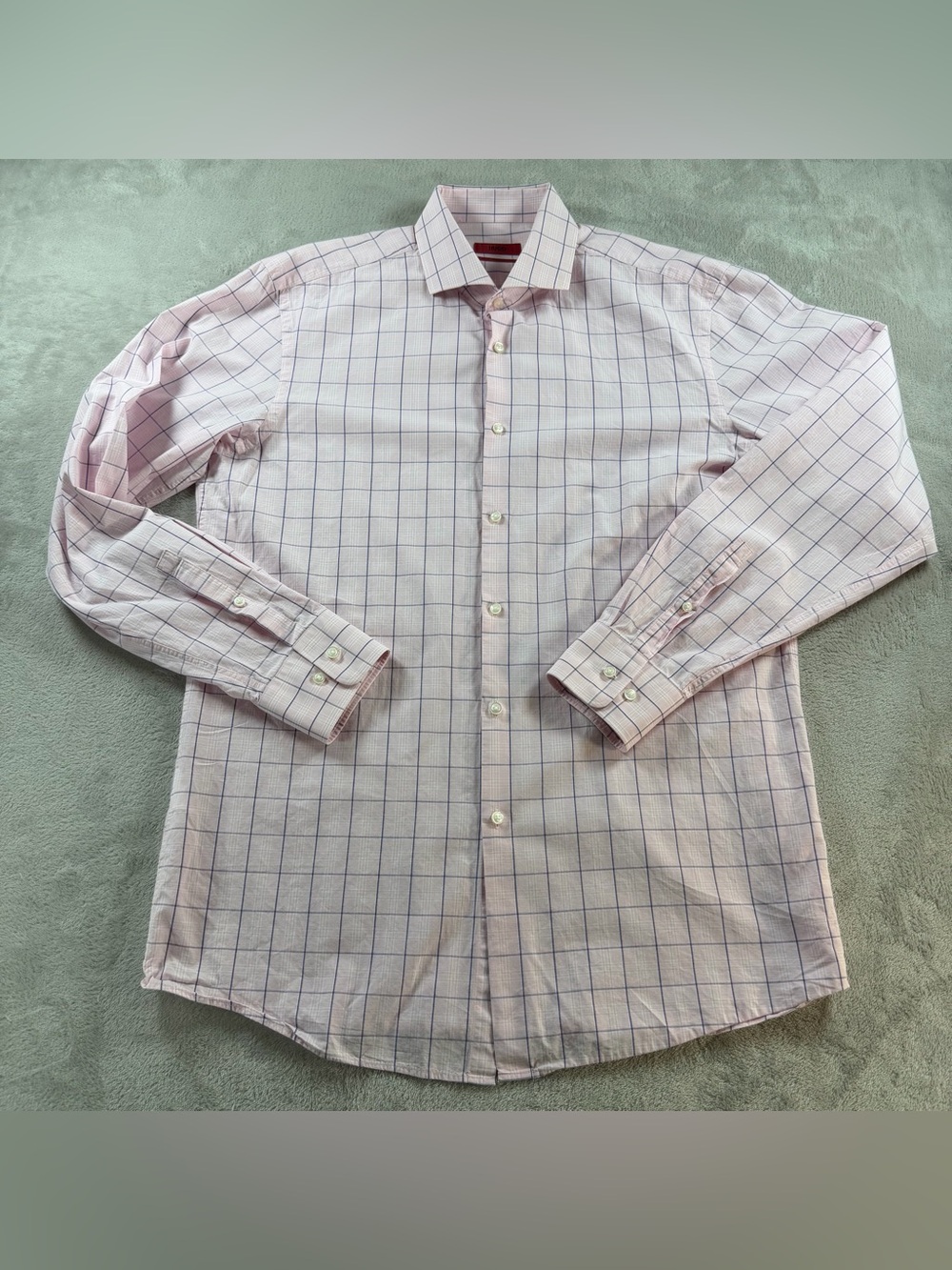 Hugo Boss Dress Shirt Sharp Fit Mens 16.5 34/35 Pink Cotton Plaid Button Up